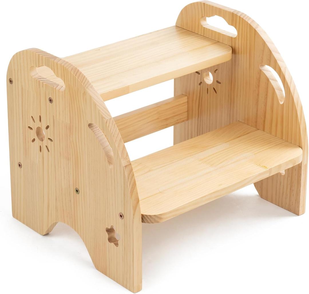 Wooden Toddler Step Stool for Kids - Non Slip 2 Step Stool with Handles for Bathroom Sink, Potty Training, Kitchen (14.96*12.52*12.6in)