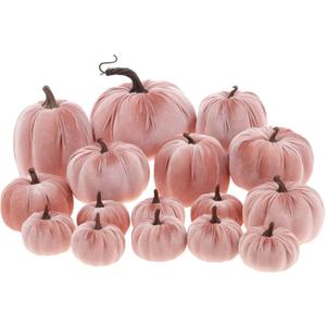 16 Pcs Light Pink Velvet Pumpkins Halloween Assorted Faux Velvet Pumpkins Set Handmade Artificial Foam Pumpkin Decor Fall Harvest Thanksgiving Home Party Table Centerpiece Decoration