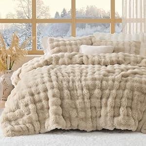 Bedsure Fluffy Comforter Set Queen - Light Beige Faux Fur Queen Comforter, Soft Shaggy Plush Bubble Bedding Comforter Sets, Winter Warm Luxury Fuzzy Bed Set 3 Pieces, 1 Comforter and 2 Pillowcases