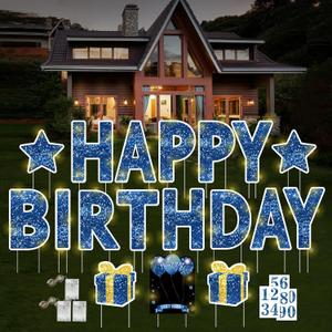18 Pcs Happy Birthday Yard Sign with Stakes, Blue Happy Birthday Yard Sign with 49.2 Ft LED Light, 16 In Large Personalized Happy Birthday Sign, Waterproof Lawn Garden Birthday Party Decorations