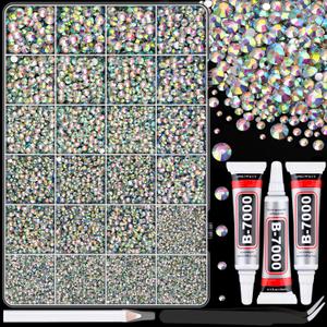 25000Pcs Resin Rhinestones with Tweezers for Bedazzling, AB 2-6mm Mixed Sizes Crystal with 3Pcs 10ml B7000 Jewelry Glue for Nail Art Makeup