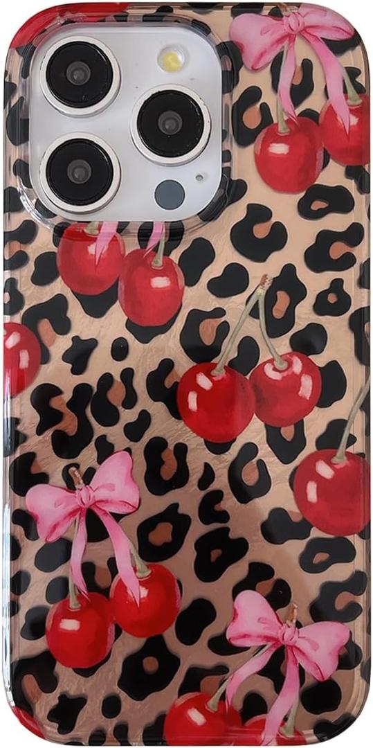 Cherry Bow Cheetah Print Glitter Phone Case for iPhone 15 Pro 6.1",Trendy Cute Retro Brown Leopard Pink Bows Aesthetic Bling Protective Girly Cover for iPhone 15pro 6.1in