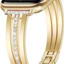 AIRSPO Slim Gold Band Compatible with Apple Watch 42mm/44mm/45mm/49mm/46mm(Series 10) Women Thin Metal Strap Dressy Jewelry Bracelet with Bling Diamond for iWatch Bands Series 11 10 9 8 7 6 5 4 3 SE