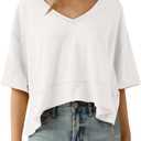 Cicy Bell Womens Oversized Crop T-Shirts Summer V Neck Short Sleeve Tops Casual Loose Fit Curved Hem Boxy Tee Shirt