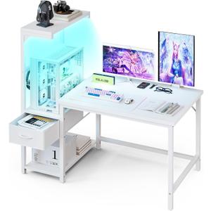 Grandder Gaming Desk 41 Inch with CPU Stand and LED Light, Computer Desk with Reversible Shelves and Storage Drawer, Pc Small Desk for Home Office Table with Bag, White