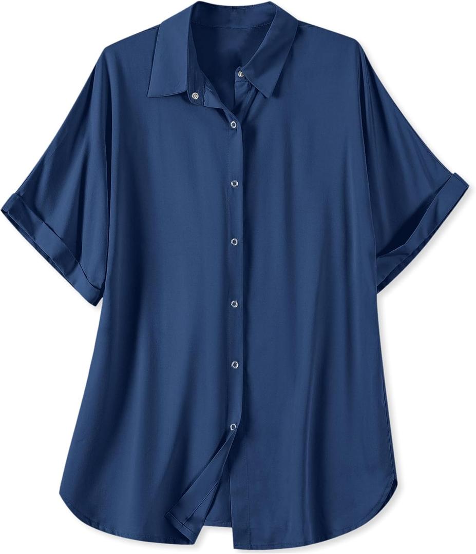 Women’s Soft Casual Short Sleeve Snap Front Blouse Shirt, Dark Blue, XX-Large