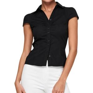 Women Y2k Button Down Blouse Short Sleeve V Neck Collared Cropped Shirt Tops Slim Fit Coquette Going Out Tops L