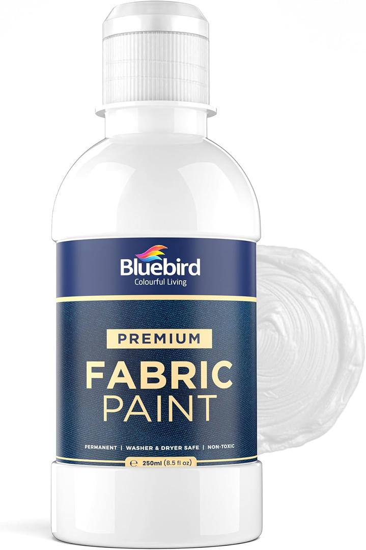 BLUEBIRD Fabric Paint, White, 8.5 Fl Oz, Permanent Fabric Paints for Clothes, and Furniture Upholstery