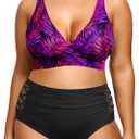 Yonique Womens Plus Size Bikini High Waisted Swimsuits Two Piece Bathing Suits Tummy Control Swimwear (Purple Leaf),Size: 18 Plus