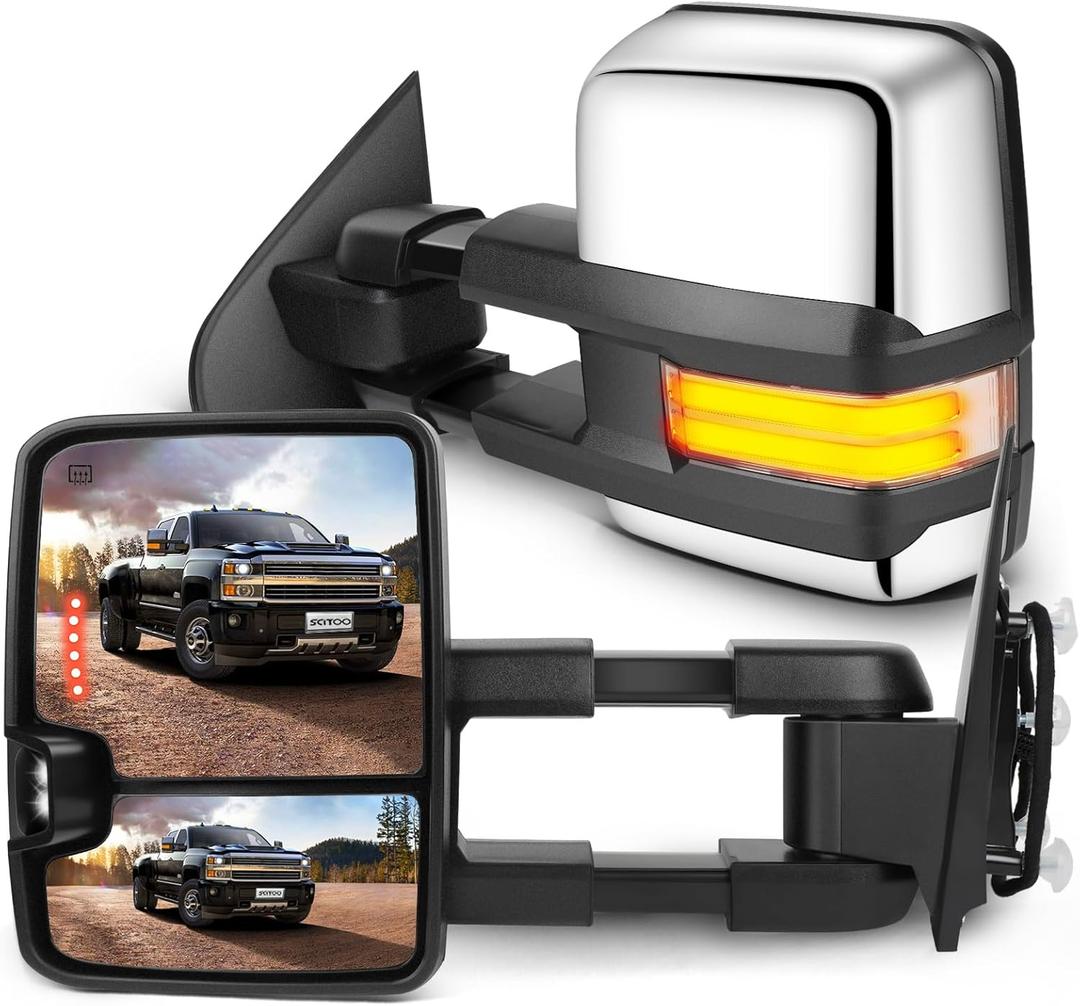 SCITOO Towing Mirrors Chrome Truck fit for 2014-2018 for Chevy for GMC 1500 2015-2019 for Chevy for GMC 2500/3500 HD with Pair LH RH Power Heated LED Turn Signal Running Back Up
