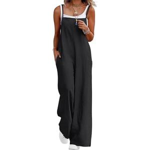 Lepunuo Women's Casual Loose Jumpsuits Summer Boho Wide Leg Rompers Sleeveless Overalls with Pockets, size L