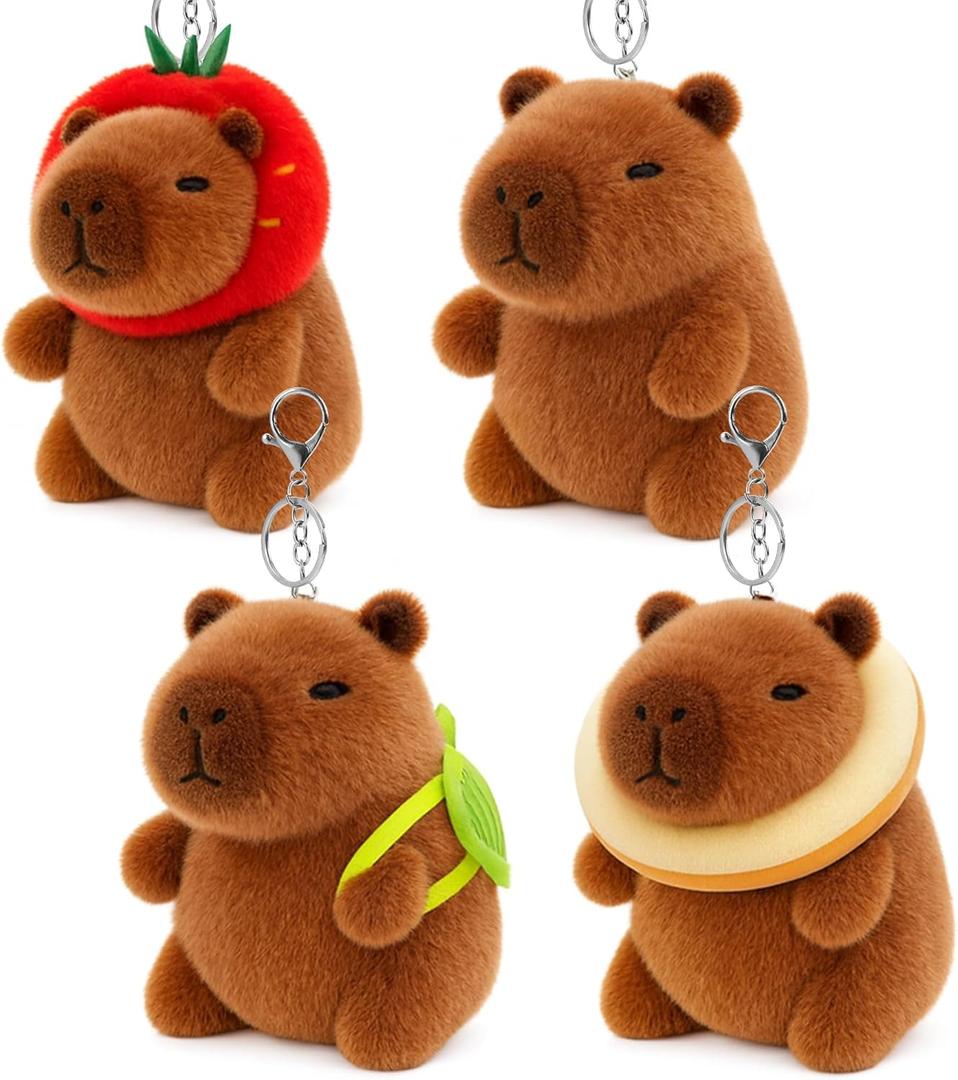 4 Pack Capybara Plush Keychain, Valentines Keychains for Class, Capybara Stuffed Animal Toys, Cute Capibaras Peluches Keychain for Bag Charms, Birthday Valentines Party Favors Gifts for Girls Boys