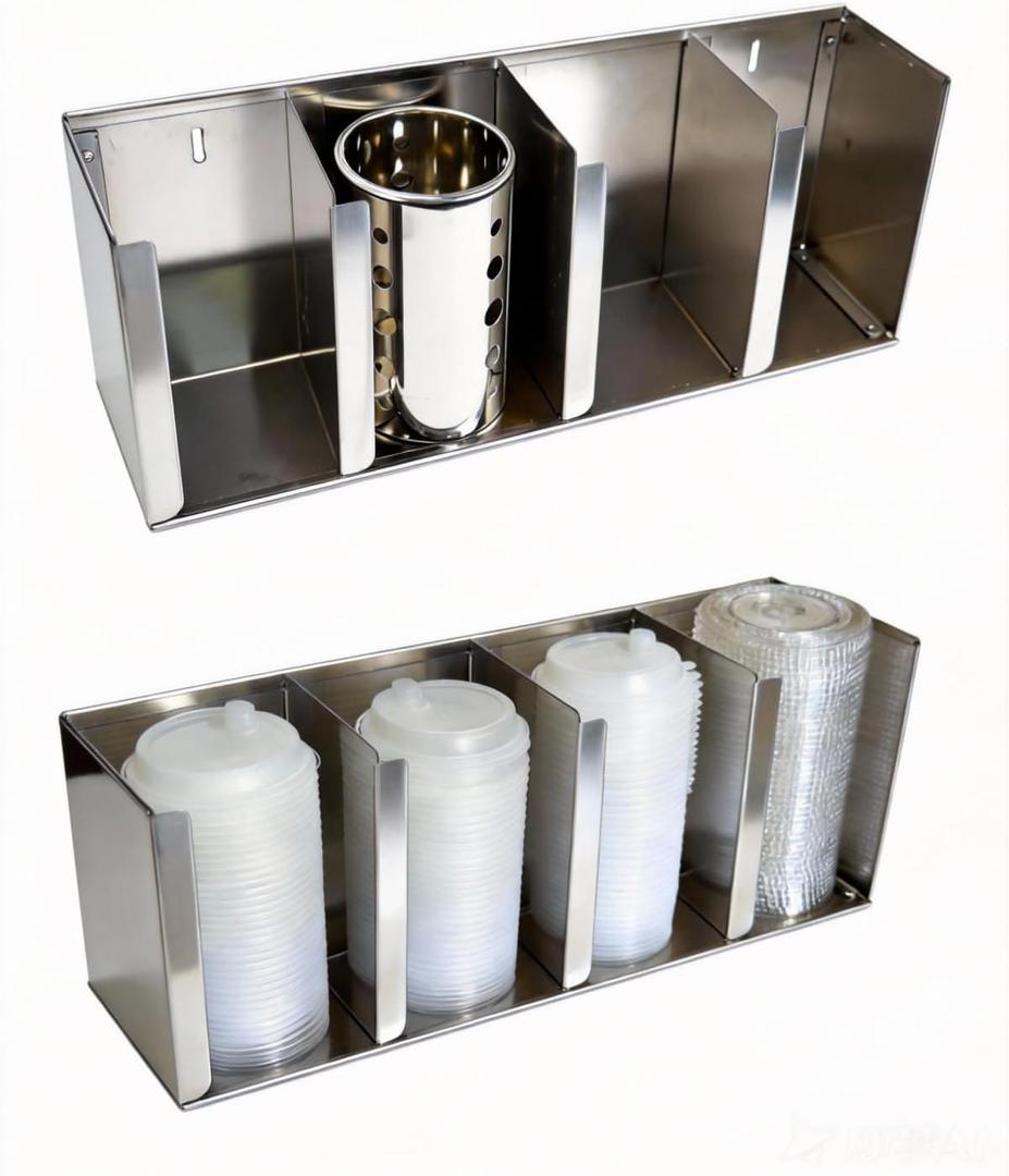 Stainless Steel Cup Dispenser,4 Compartments Cup Holder and Lid Holder with Adjustable Dividers,Cup Organizer for Kitchen Cabinets Cafe Shop Restaurant,Includes Straw Holder