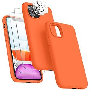 JTWIE [5 in 1 for iPhone 11 Case 6.1 inch, with 2 Pack Screen Protector + 2 Pack Camera Lens Protector, Liquid Silicone Slim Shockproof Protective Phone Case [Microfiber Lining (Orange)