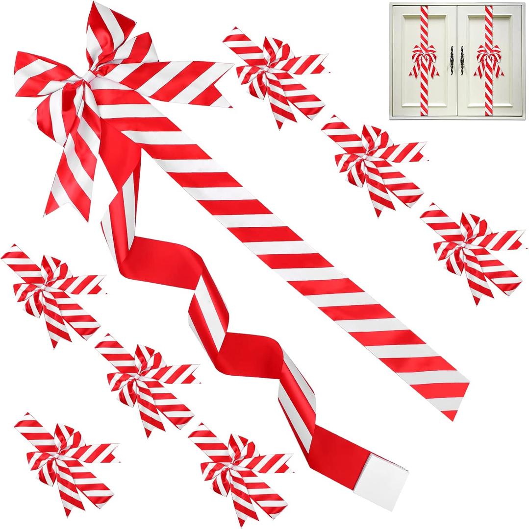 WILLBOND 8 Pcs Christmas Cabinet Ribbons Bows for Kitchen 78.8 Inch Red and White Large Christmas Door Ribbon Cabinet Bows for Gifts Xmas Tree Home Wall Furniture Party Decorations