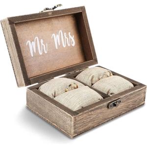 Juvale Wooden Two Become One Wedding Ring Box with Burlap Pillow Lining, Hinge Clasp Closure Wedding Ring Holder for Ceremony, Anniversaries, and Marriage Renewal (6x4x2 in)