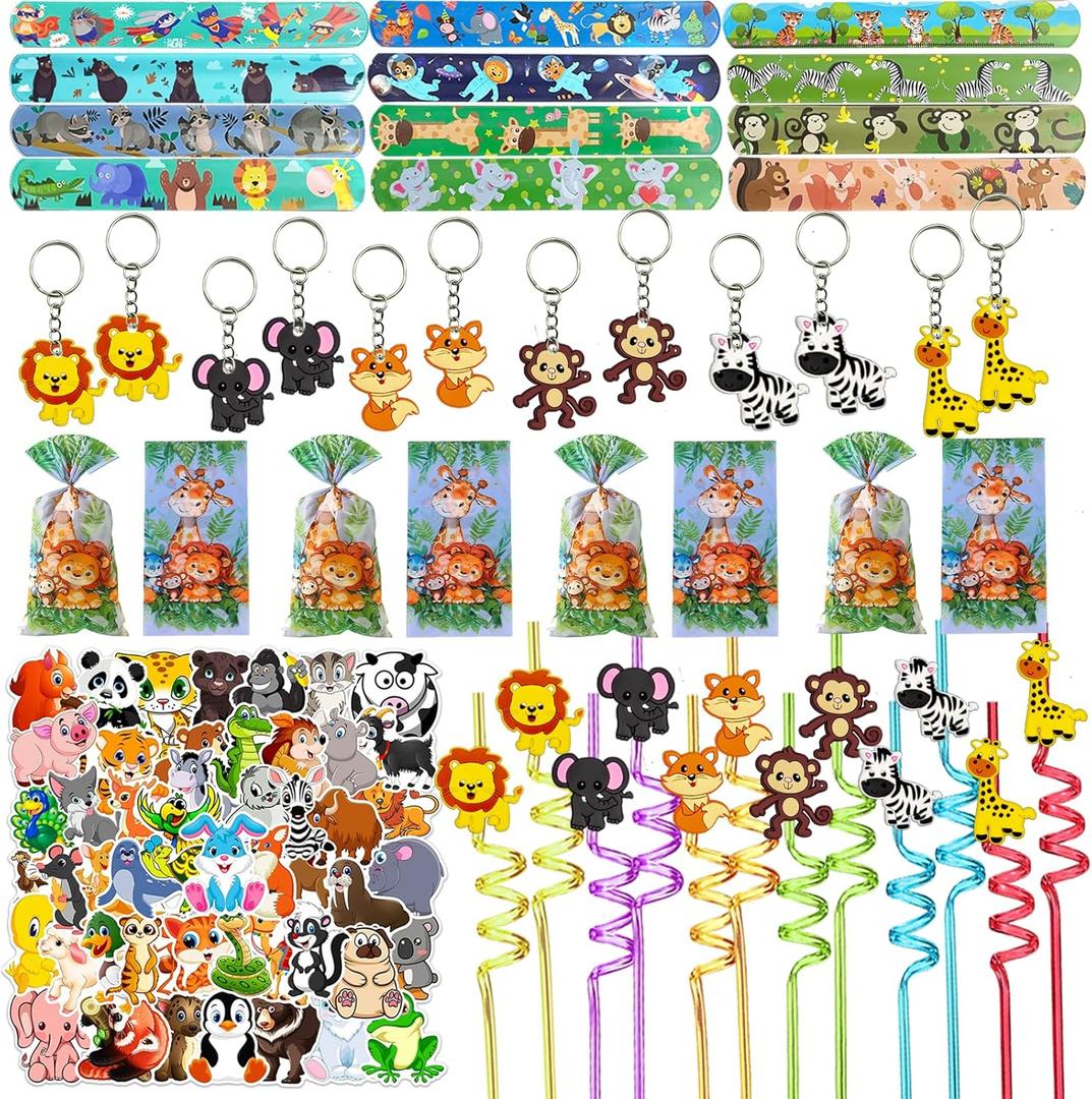 110PCS Safari Party Favors Jungle Party Favors Goodie Bags Stuffers for Camping Party Include Slap Bracelet,DIY Safari Stickers ,Woodland Keychains,Forest Animals Pencil Caps and Party Straws