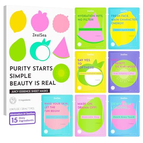 ZealSea Clean Beauty Face Masks Skincare, Minimalism 15 Ingredients Sheet Mask, Deep Hydration Facial Mask for Bouncy & Glowing, Sleepover Spa Party Supplies, Women Teen Girl Gifts Trendy Stuff, 7Pack EXP: 06/08/2028