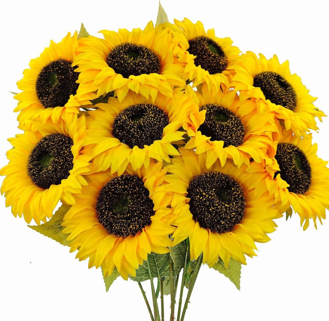 10 Pcs Sunflowers Artificial Flowers with Long Stems Silk Fake Large Sunflowers Bouquet Faux Sunflower Arrangement for Outdoor Indoor Home Vase Table Wedding Party Garden DIY Decor (Yellow)