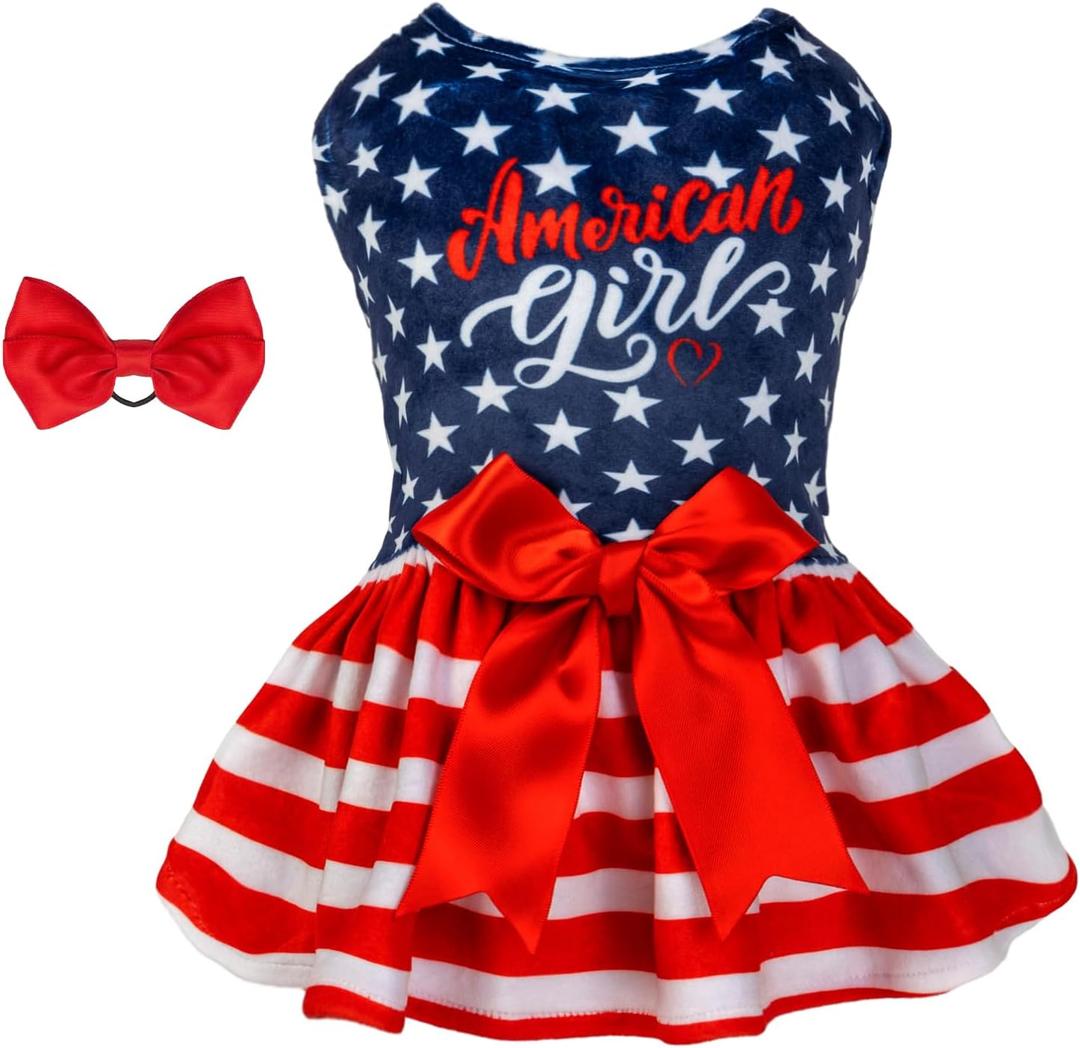 CuteBone Dog Dresses Velvet 4th of July Small Dogs Clothes One size Pet Apparel Girl Puppy Skirt with Bow Hair Rope CVA39L-D