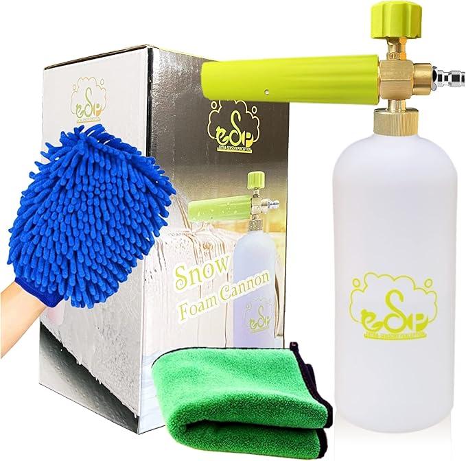ESP Foam Cannon Snow Foam Lance Pressure Power Jet Washer Quick Release Adjustable Nozzle with 1 Liter Bottle Washing Mitts 1 Towel