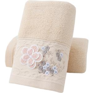 Pidada Hand Towels Set of 2 Embroidered Floral Pattern 100% Cotton Absorbent Soft Decorative Towel for Bathroom (Brown)