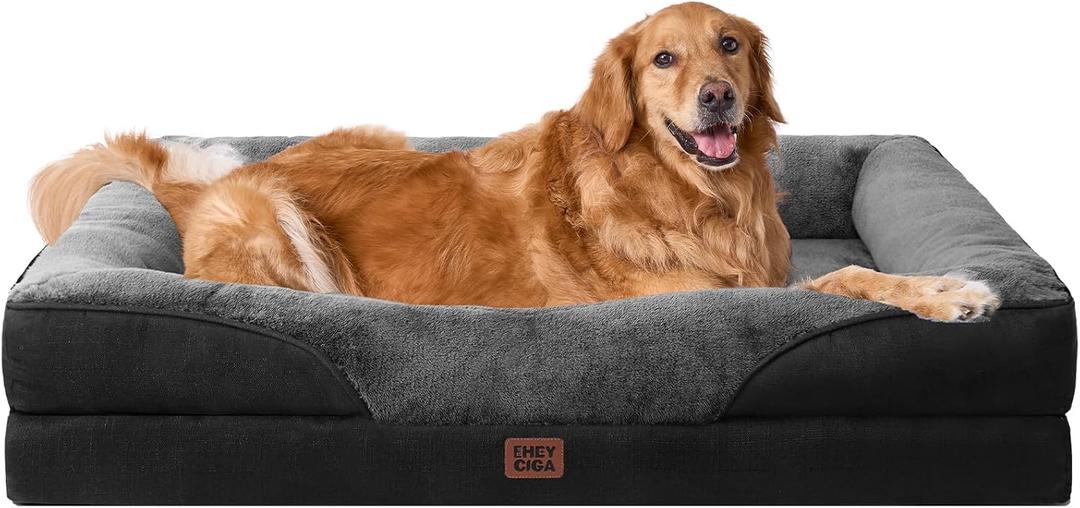 EHEYCIGA Orthopedic XL Dog Bed for Large Sized Dog, 42x30x7.5 Inch Extra Large Memory Foam Dog Couch Bed with Sides, Waterproof Liner & Washable Removable Cover, Bolster Pet Sofa, Grey/Black