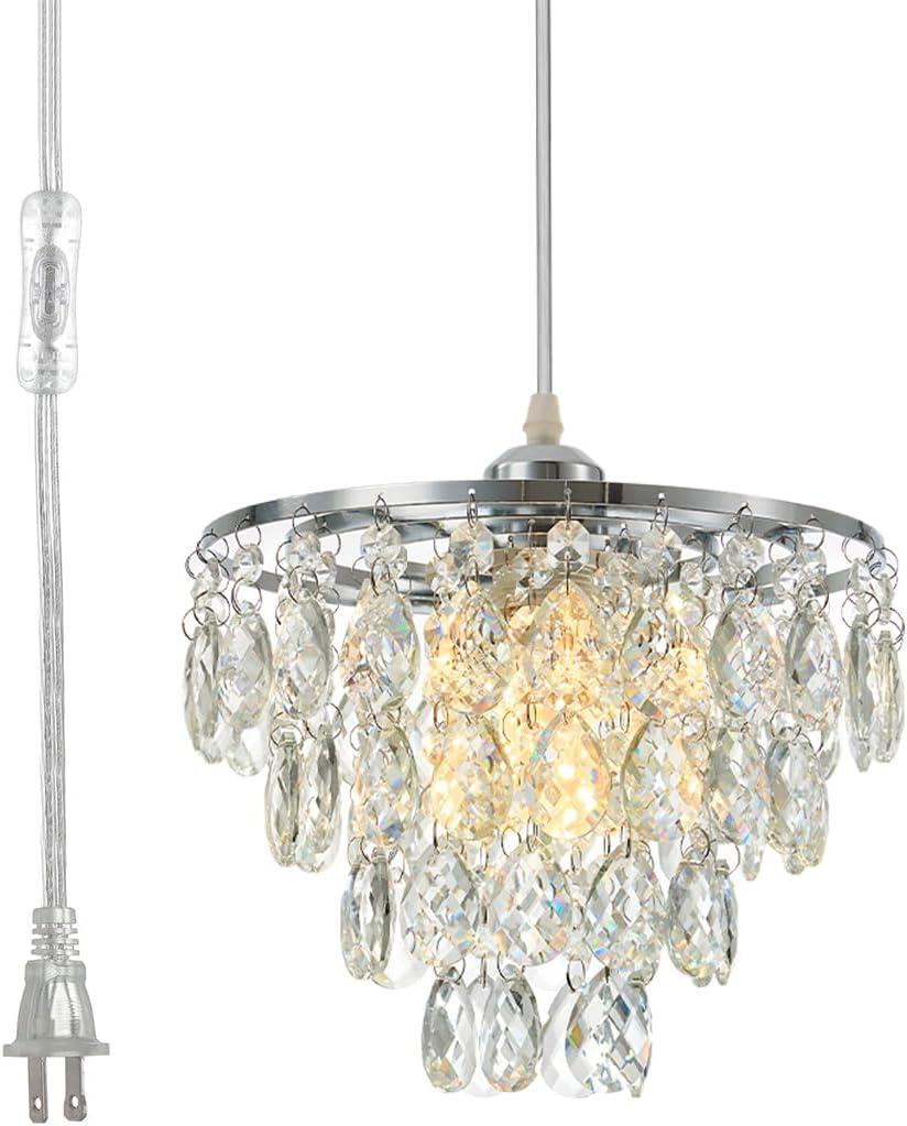 D9.8 Inch Crystal Hanging Lamp Plug in Pendant Light with 16.4ft Cord Hanging Lights with Plug in Cord Mini Chandelier for Bedroom Kitchen Island Nursery Room Dining Room Living Room, E26 (Chrome)