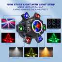 Moving Head DJ Lights 150W RGBW, 6-Arm Party Stage Light with Remote | 150W RGBW 6-arm beams, LED strip, DMX-512 & sound-activated, quiet motor, sharp beam through haze/fog, home party use