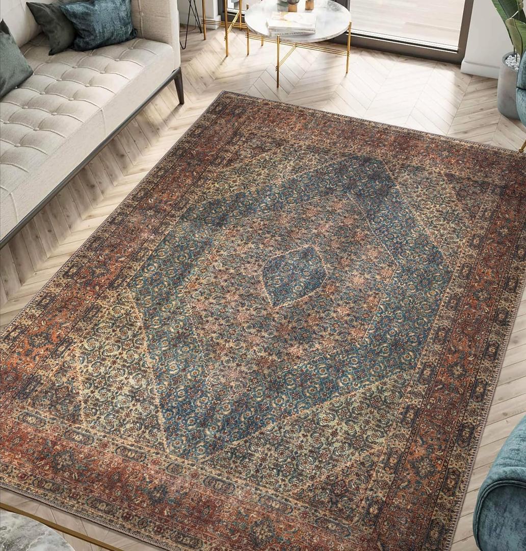 Keen Home Design 3x5 Rug - Machine Washable Entry Rug with Non-Slip Backing, Ideal for Enteryway, Kitchen, Bathroom, Laundry Room - Vintage, Easy Clean, Durable, Low Pile Rug - (3' x 5') (Blue/Brown)