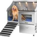 POLIMO Dog Washing Station, LED Professional Stainless Steel Dog Bathing Station 50", Dog Grooming Tub for Large, Medium & Small Dog - with Window, Ramp, Drawer, Floor Grate & Faucet (Left Ramp, 50")
