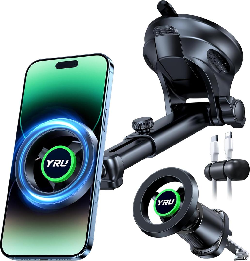 YRU [2025 Military-Grade] for Magsafe Car Mount [90+LBS Strong Suction] 360 Adjustable Magnetic Phone Holder for Car Dashboard Windshield Vent, Cradle for iPhone 17 16 15 14 13 12 Samsung, Black