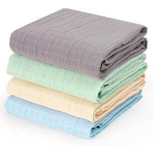 david's kids 4 Pack Baby Muslin Swaddle Blankets 47" x 47", 100% Cotton Swaddling Blankets Wrap for Boys Girls, Ultra Soft Breathable Receiving Blanket, New Born Essentials, Green&Grey&Blue&Beige