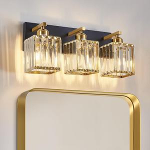 Modern Crystal Bathroom Lights Fixtures Black Gold 3-Lights Bathroom Vanity Lights Over Mirror Brass Vanity Lighting Fixtures Crystal Wall Lighting with Polished Gold Finish