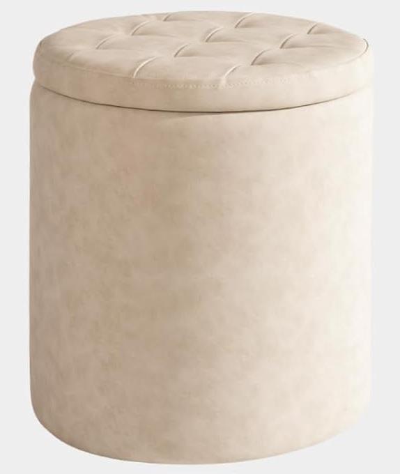 Faux Leather Round Ottoman with Storage 12.6" W x 14.17" H & 14.76" W x 17.32" H, Small Boucle Coffee Table Footstool with Removable Lid for Living Room, Bedroom, Beige