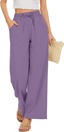 Women Flowy Pants Drawstring Waist Wide Leg Palazzo Beach Pants Loose Fit with Pockets, Purple,  Size L