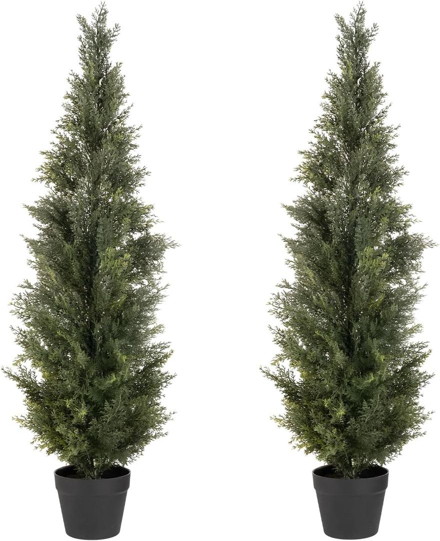 4FT Artificial Cedar Topiary Trees, 2Pack Lifelike UV Protected Faux Cedar Tree Fake Cypress Trees Evergreen Plants for Front Door Decor, Porch, Garden, Entryway