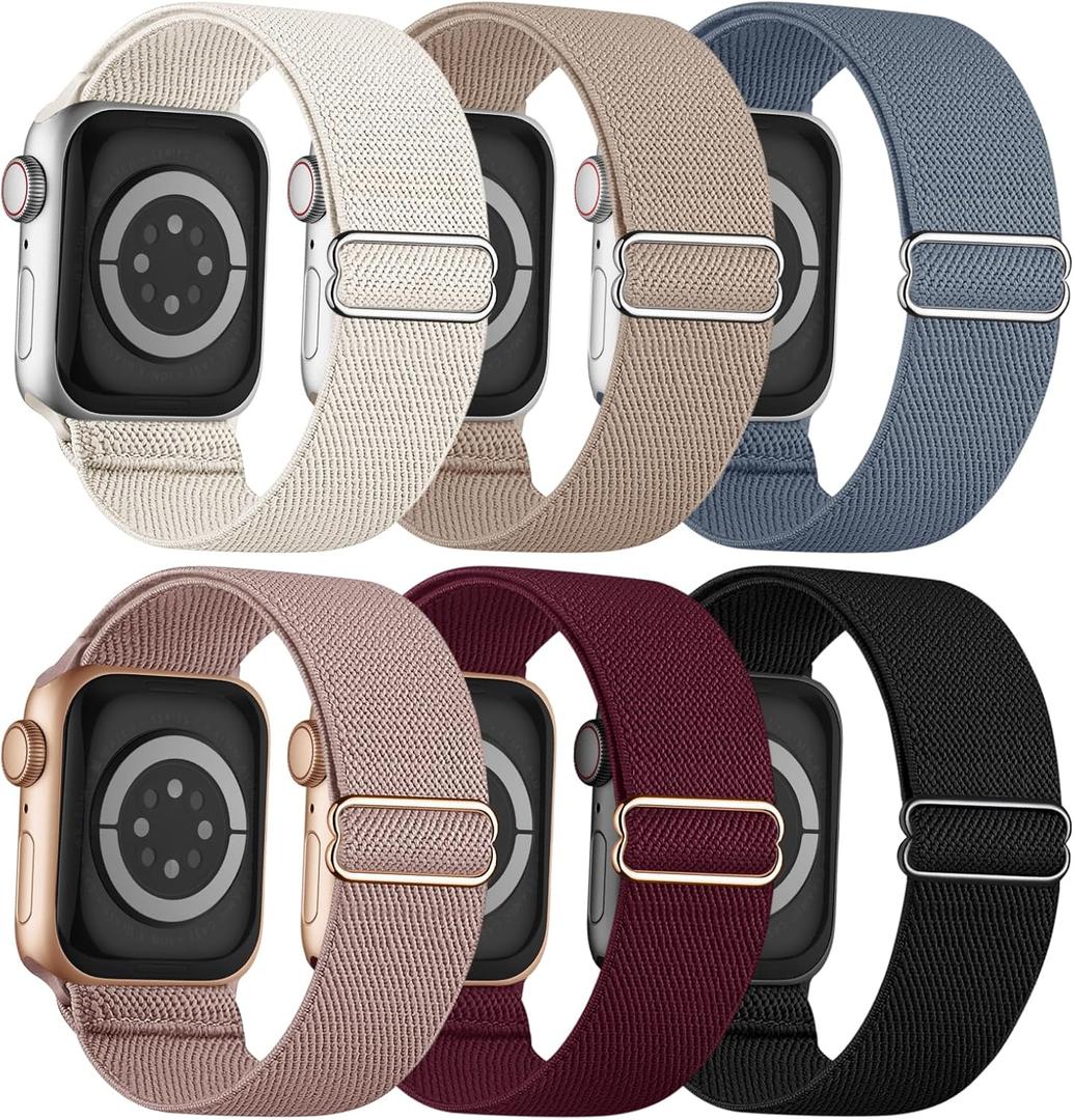 6 Pack Stretchy Solo Loop Compatible with Apple Watch Bands 41mm 40mm 38mm 44mm 45mm 46mm 42mm 49mm Women Men, Water-Resistant Nylon Elastic Sport Strap for iWatch Series 11 10 9 8 7 6 5 4 3 SE Ultra (Black/Pink/MilkTea/Starlight/BlueGrey/Red)