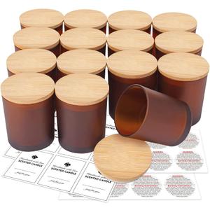 SUPMIND 15 Pack Candle Glass Jars- 7oz Frosted Amber Empty Candle Containers with Bamboo Lids and Sticky Labels, Matte Brown Jars in Bulk for Making Candles- Dishwasher Safe-7 fl.oz