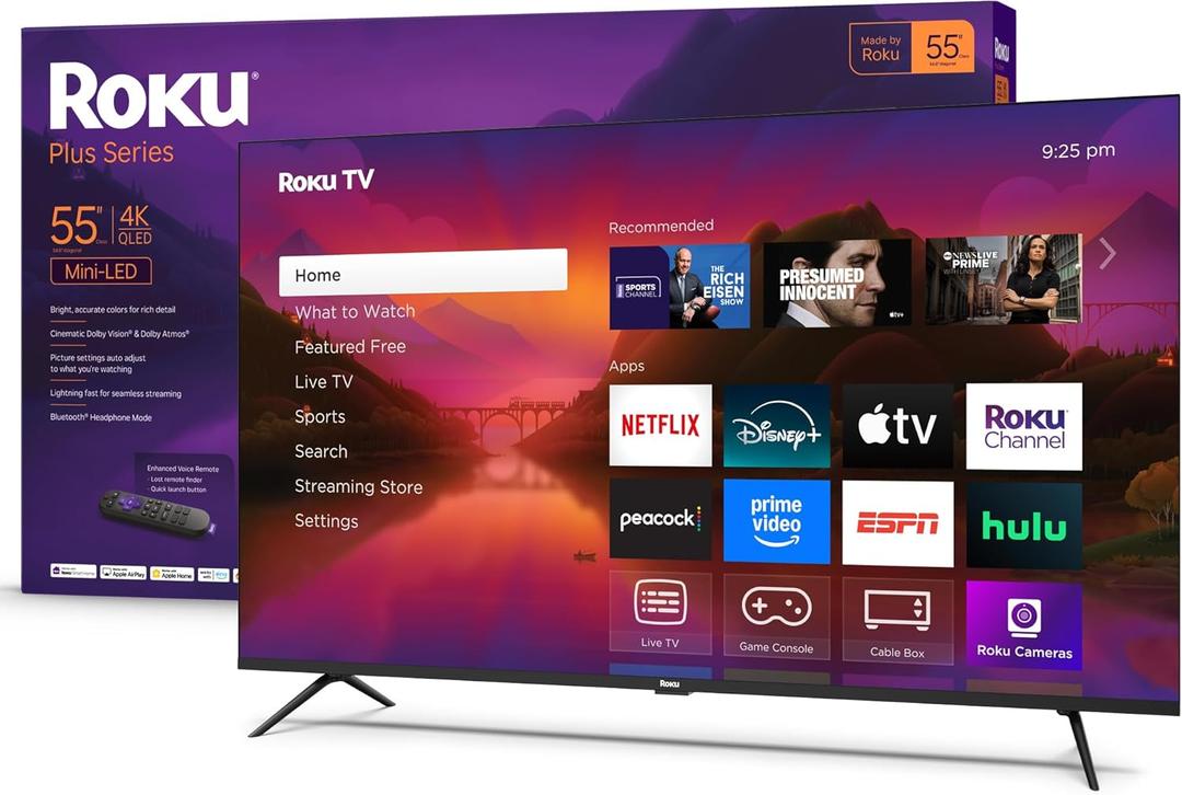 Roku Smart TV 2025  55-Inch Plus Series, Mini-LED TV  RokuTV with Enhanced Voice Remote  Flat Screen 4K QLED Television with Dolby Vision & Wi-Fi for Streaming Live Local News, Sports