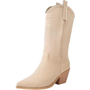 Reitoye Cowboy Boots for Women Embroidery Western Cowgirl Knee High Chunky Heel Boots with Pull-Up Tabs (9.5, Beige - Calf High)