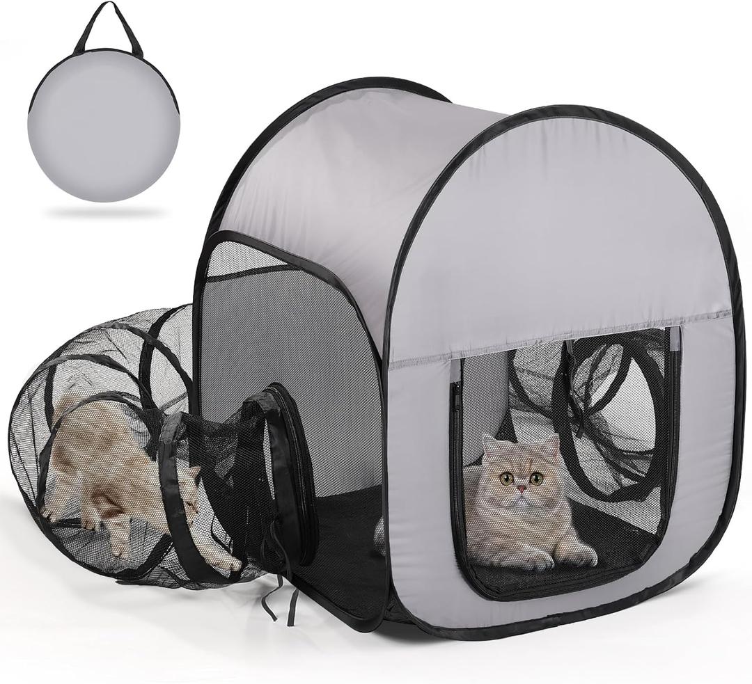 Outdoor Cat Playpen with Tunnel - Escape-Proof, Breathable & High-Visibility Mesh, Foldable Pet Playpen for Backyard, Camping, Travel