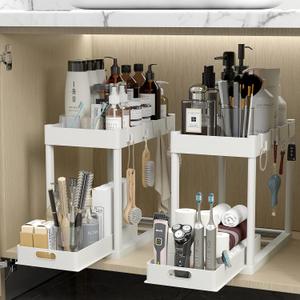 2PC Under Sink Organizer Rack 2 Tier Under Sliding Cabinet Basket Organizer Drawer with 4 Hooks, Multi-purpose Under Sink Storage for Bathroom Kitchen DesktopWhite