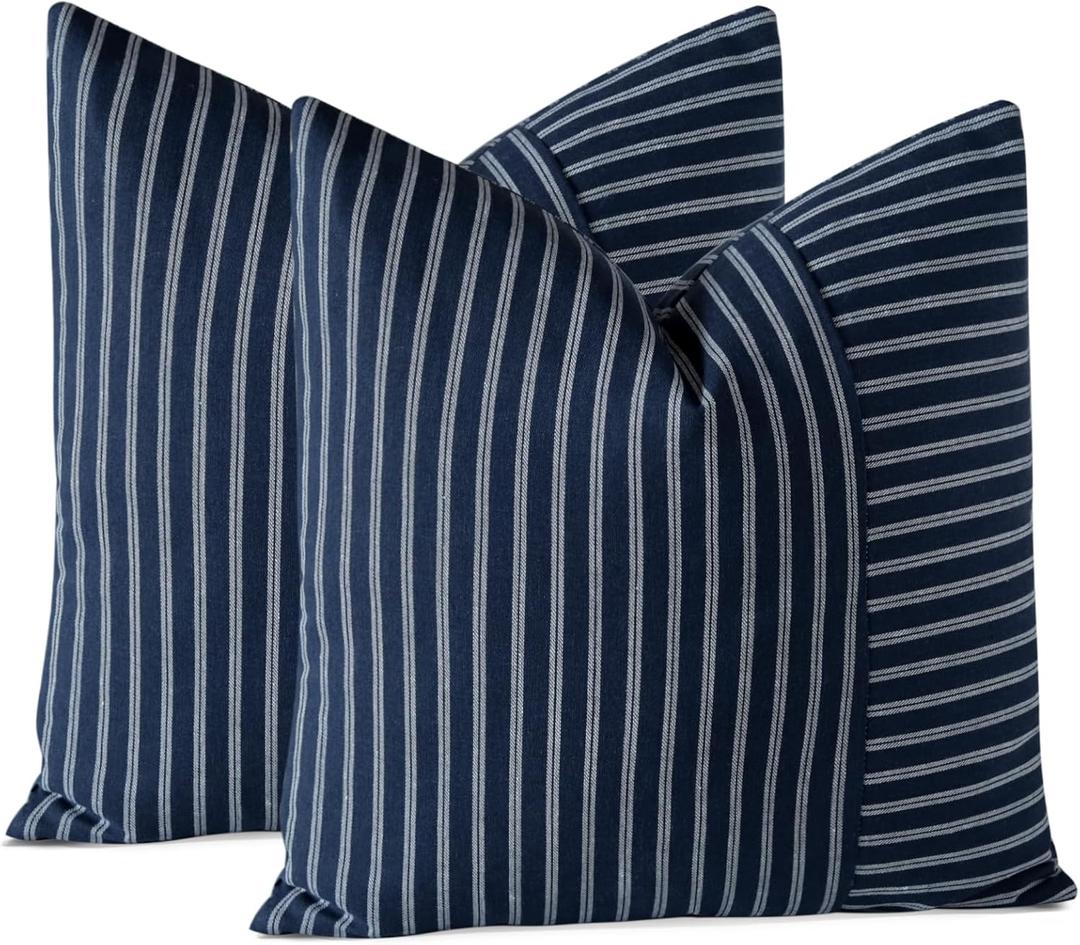 OTOSTAR Pack of 2 Striped Patchwork Farmhouse Decorative Throw Pillow Covers 18 x 18 Inch Square Cushion Cover Couch Home Decor Modern Accent Pillow Cases for Sofa Bedroom Living Room (White Navy)