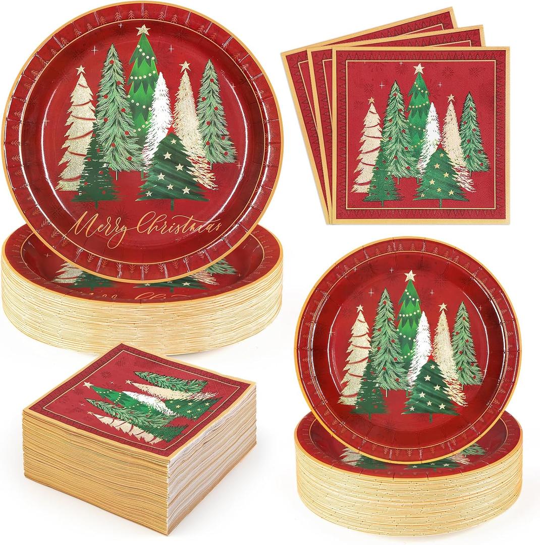 Homlouue 200 Pcs Christmas Paper Plates and Napkins Sets, 9inch Christmas Plates Disposable Heavy Duty, Xmas Tree Red Paper Plate, Xmas Plate and Napkins for Dinner Party