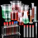 Baderke 28 Pcs Beakers and Test Tubes Set Including 3 Graduated Cylinder 5 Plastic Beakers 3 Erlenmeyer Flask 10 Droppers 6 Plastic Test Tubes with Rack for Home Science Lab Party DIY