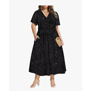 HUSKARY Women's Summer Maxi Dress Casual Loose Pockets Long Dress Short Sleeve Split Maxi Dresses XL