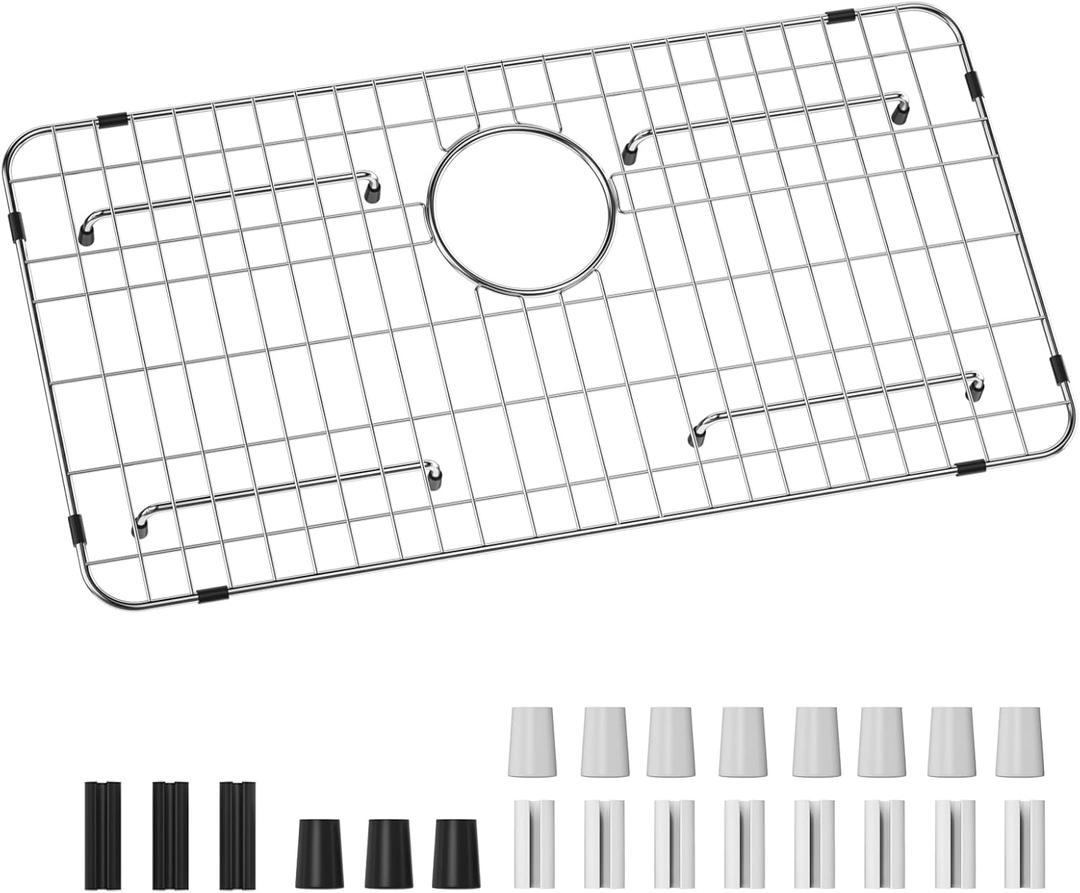 JJV Stainless Steel Sink Grid and Protectors for Bottom of Kitchen Sink, 26" x 14" with Rear Drain for Single Sink Bowl, for sink protectors for kitchen sink