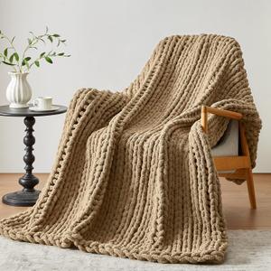 Negwoo Chunky Knit Throw Blanket, 30''*40'' Knitted Throw Chenille Yarn for Bed Couch, Handmade Light Brown Crochet Big Thick Blanket, Machine Washable Cute Comfy Blanket for Home Decor