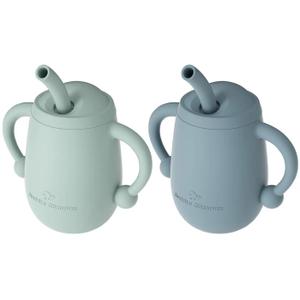 Cuddle Campus Pack of 2 Silicone Baby Training Cup, Shatterproof Toddler Sippy Cups with Straw, Open Cup for Baby, 6+ Months 4 Oz, Boothbay Gray+Sage